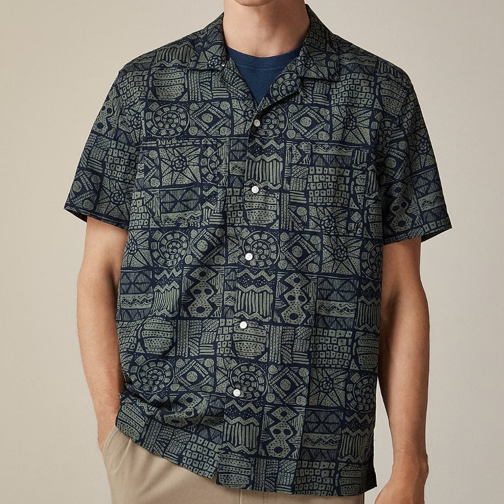 J. Crew Men's Slub Cotton-Linen Blend Camp-Collar Shirt Size Large NEW